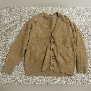 Good American Women's Plush Oversized Cardigan Warm Caramel Nylon Button XXS/XS